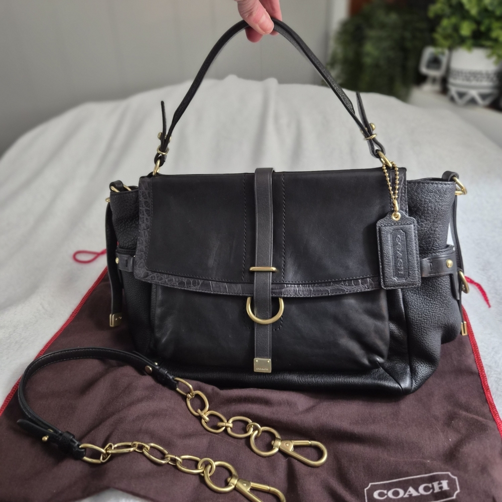 Coach Pinnacle Eva Satchel #18664 Black Leather Croc Embossed, Dust Bag & Strap